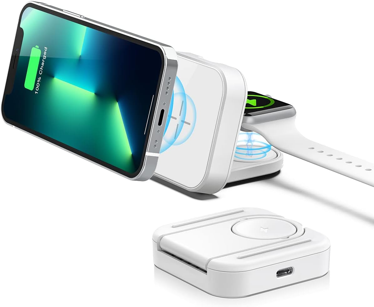 MURCIA 2 in 1 Magnetic Wireless Charger, Folding Dual Fast Magnetic Wireless Charging Station Stand Compatible with Iphone 13/12/ Pro Max/Mini/Apple Watch Se/7/6/5/4/3/2/1