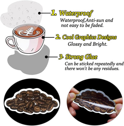 Coffee Stickers for Water Bottles Adults Coffee Stickers for Laptop Coffee Cup Stickers for Scrapbooking Coffee Vinyl Waterproof Stickers 50 Packs