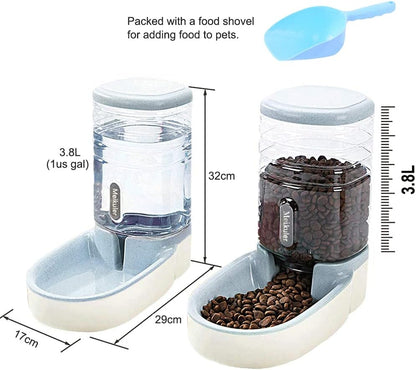 Automatic Dog Cat Feeder and Water Dispenser Set,Waterer and Gravity Food Feeder for Small & Medium Dogs Cats Puppies,Large Capacity 1 Gallon X 2 (Grey)