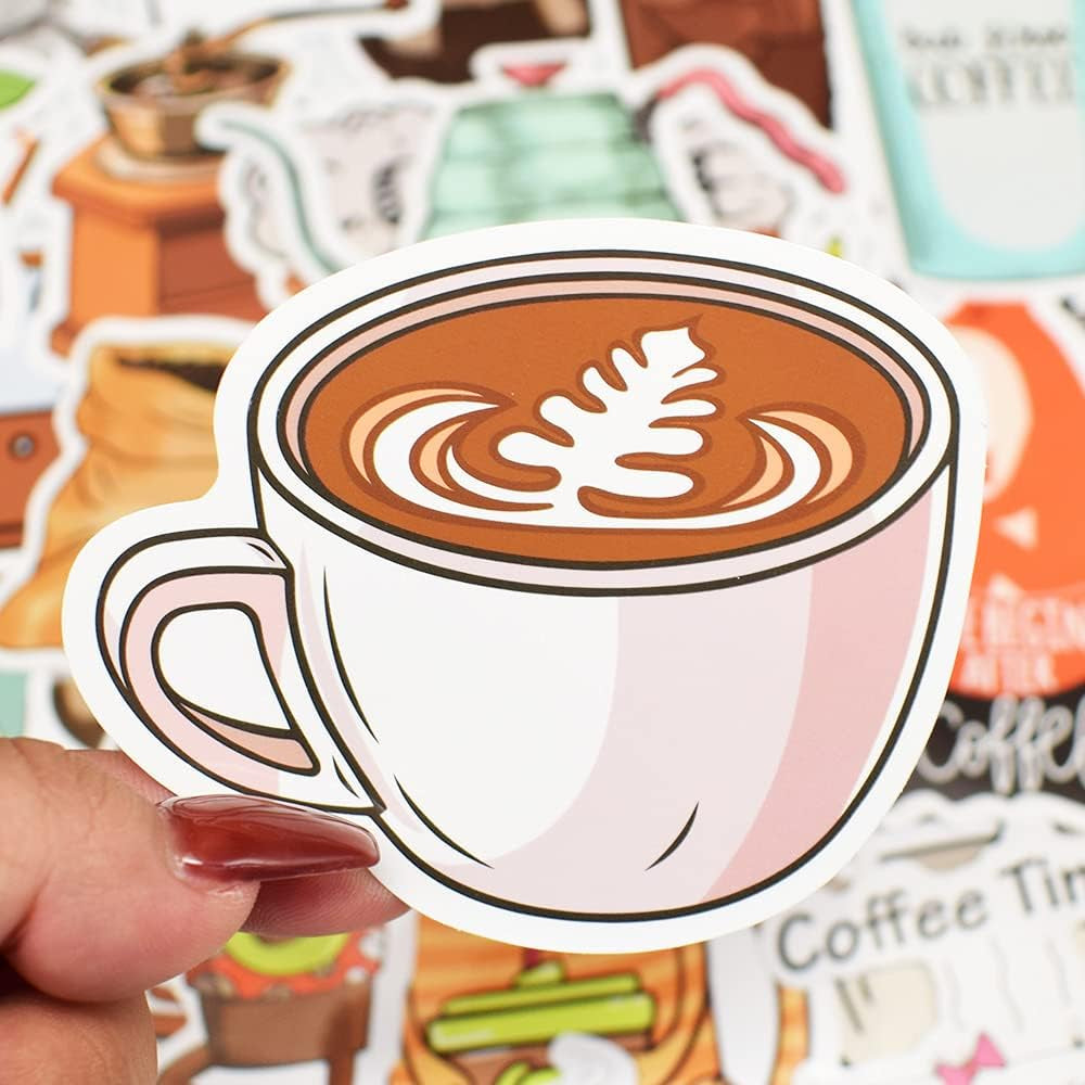 Coffee Stickers for Water Bottles Adults Coffee Stickers for Laptop Coffee Cup Stickers for Scrapbooking Coffee Vinyl Waterproof Stickers 50 Packs